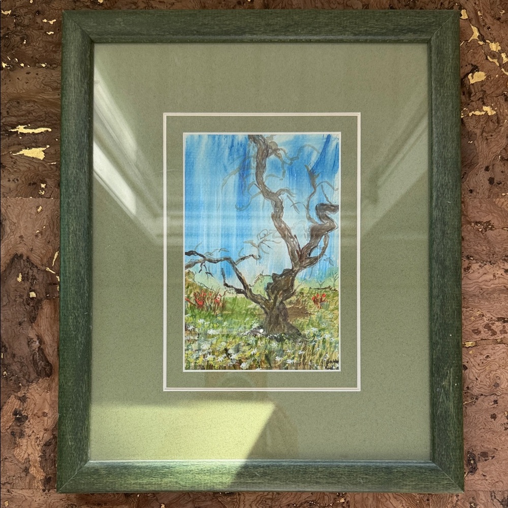 Green Framed Tree Art Water Color Painting Signed 🖼️